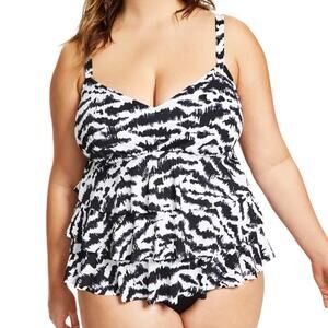 Swim Solutions Women’s Tummy Control Fauxkini Swimsuit Black White Size 22W
